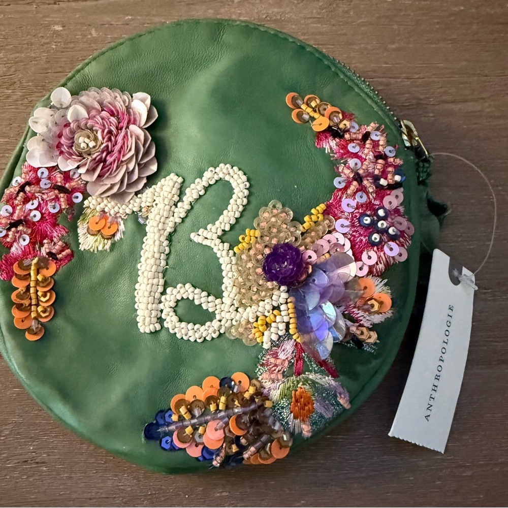 Anthropologie Green Floral Embellished Cosmetic Bag
